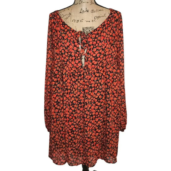 Nasty Gal Womens Plus Smocked Rose Blouson Peasant Party Midi Dress Size 22 Red - Picture 1 of 9